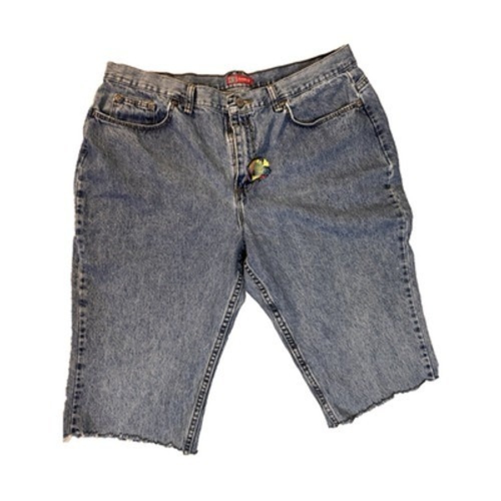 Faded Glory Women's Size 18 Denim Bermuda Shorts Raw Hem Embroidered Fish 36" W